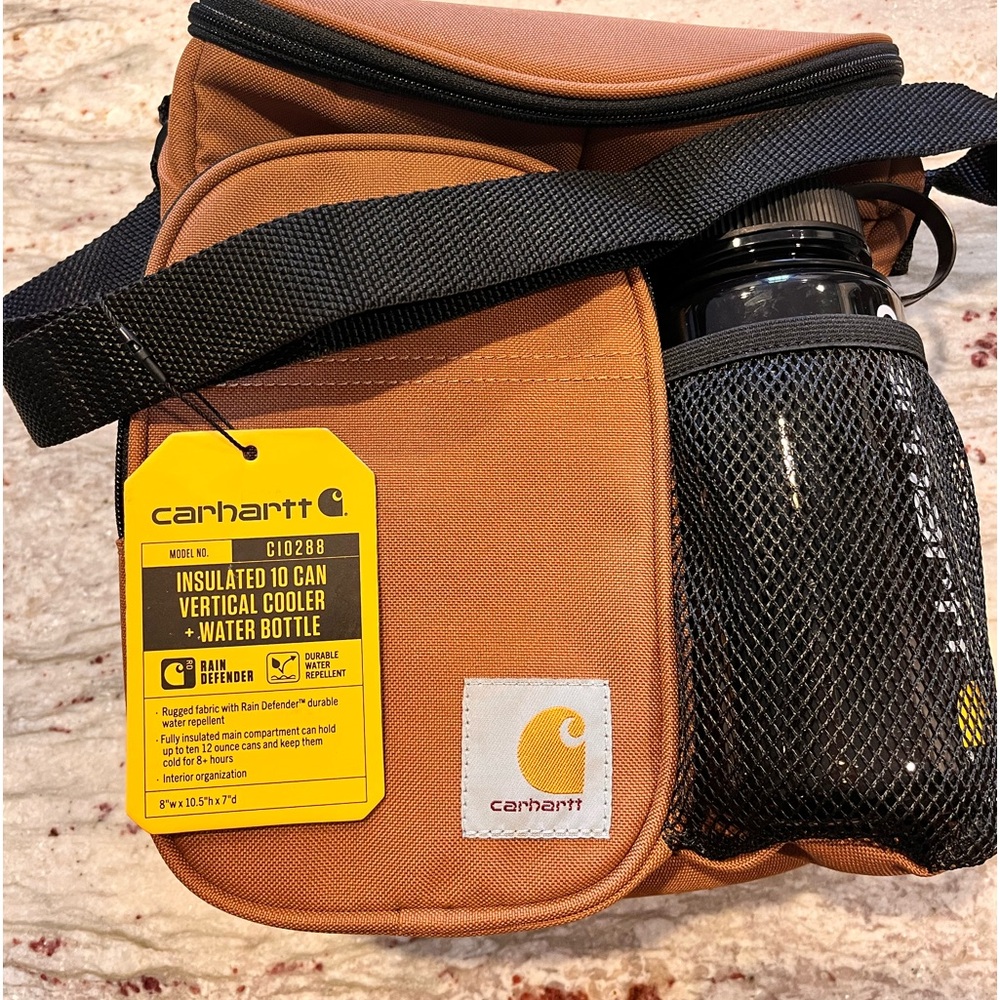 Brand new with tag, Carhartt insulated 10 can vertical cooler + water bottle